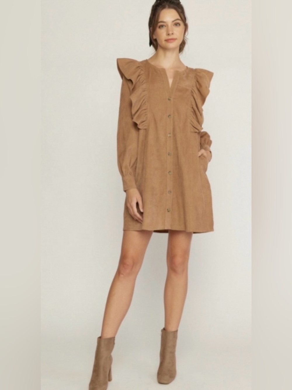 NWOT Entro Camel Corduroy Ruffle Button Front Mini Dress Size Medium